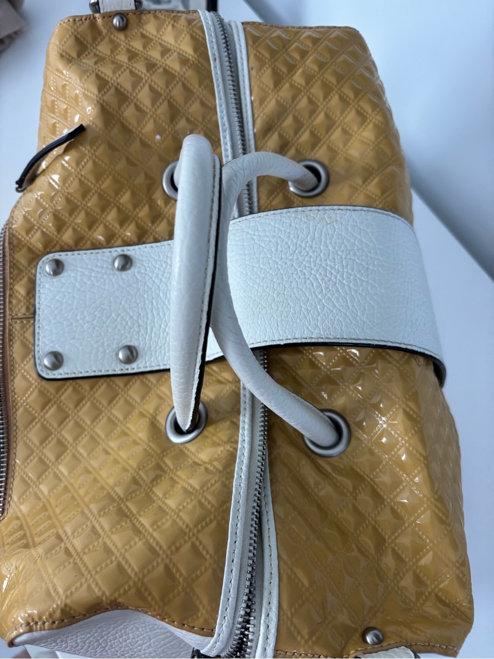 Charles Jourdan Quilted Mustard Patent and White Crossbody